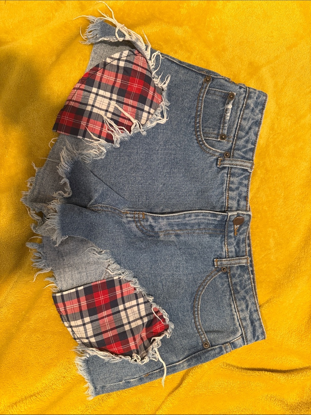 Denim Frayed High-Waist Shorts with Red Plaid Patch